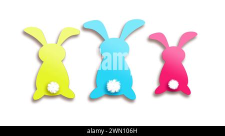 Figurines of colorful paper Easter bunnies isolated on a white background. Holiday concept. Stock Photo