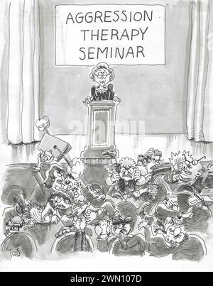 BW cartoon of the audience at an Aggression Therapy Seminar - they are all upset. Stock Photo