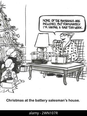 BW cartoon of a sinister father.  The kids' Christmas gifts came without batteries.  They can buy from their father, the battery salesman. Stock Photo