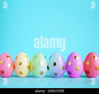 Collection of stylish colors eggs with golden circles for Easter celebration on blue background. Holiday concept. Stock Photo