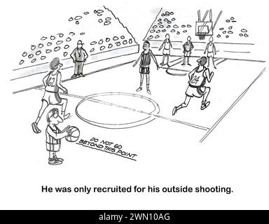 BW cartoon of short basketball player who can only shoot really long shots. Stock Photo