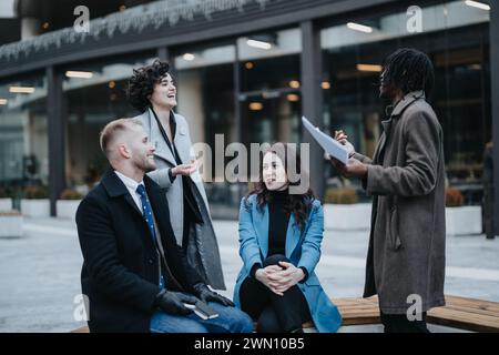 Multiethnic colleagues enjoy a relaxed business meeting outdoors. They're discussing ideas, laughing, and collaborating on a project. Stock Photo