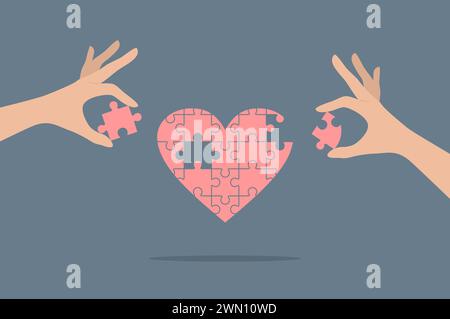 A puzzle heart and two hands putting missing puzzle pieces into it. Flat vector illustration Stock Vector