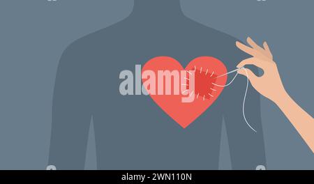 Hand sewing a patch on the heart of a male silhouette, flat vector illustration Stock Vector