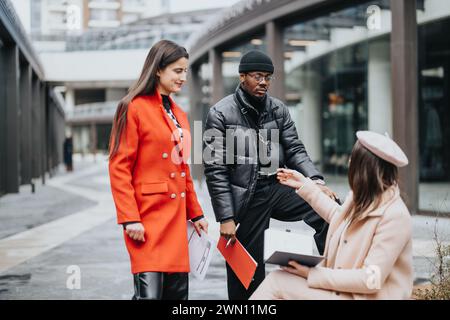 Business colleagues exchanging documents outdoors in urban setting Stock Photo