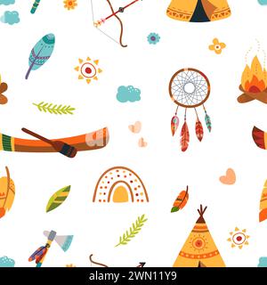 Tribal boho elements seamless pattern. Arrow, kanoe and wigwam, dream catcher and floral elements. Doodle feathers vector print template Stock Vector