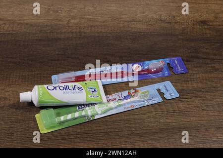 Orbilife toothpaste and toothbrushes in a package. Stock Photo