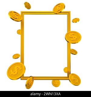 Golden frame with gold coins isolated. Dollar currency symbol mockup. 3d rendering Stock Photo
