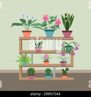 Interior with various potted plants on the shelves. Flat design. Vector illustration Stock Vector