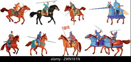 Horse warriors. Ancient mongolian or russian armored warrior running on horses, samurai knight with sword historic battle medieval soldier horseman, ingenious vector illustration of warrior on horse Stock Vector