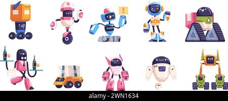 Droid characters. Cartoon game robots, cyber monster space android retro or futuristic robot mascot, robotics service army future technology, ai toy vector illustration of robot game, droid character Stock Vector
