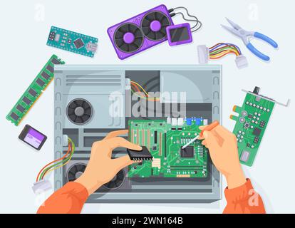 Hands assembling computer. PC warranty repair service or parts building, motherboard semiconductor fixing pcb engineering troubleshooting upgrade component neat vector illustration Stock Vector