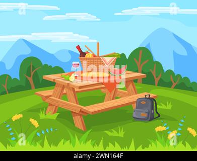 Picnic table landscape. Spring barbecue or summer vacation outdoor scene forest park cartoon background, bbq basket food fruit and wine on camp tables, neat vector illustration of holiday table park Stock Vector