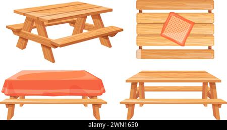 Wooden picnic table. Cartoon wood garden tables tablecloth and benches for camp grill outdoor park barbecue, isolated desk cloth top view beach bbq party, neat vector illustration of table wood Stock Vector