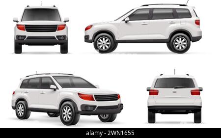 Realistic suv car. 3d white cars mockup front side view, motor vehicle luxury carrer modern power automobile with auto transmission, render nowaday vector illustration of realistic suv vehicle Stock Vector