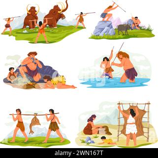 Cave people. Ancient hunter person and prehistoric animals, caveman with primitive tool hunt to fur mammoth gets fish food fire for kid stone age tribe recent vector illustration cook and hunt Stock Vector