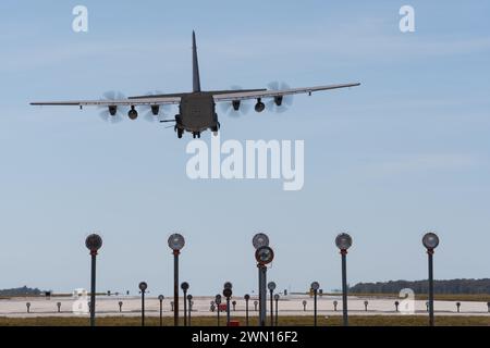 An AC-130J Ghostrider from Hurlburt Field, Florida, approaches the runway at MacDill Air Force Base, Florida, Feb. 27, 2024. Photo by Joshua Hastings Stock Photo