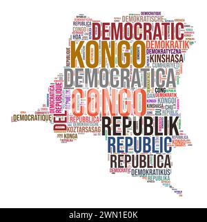 DR Congo country shape word cloud. Typography style country illustration. DR Congo image in text cloud style. Vector illustration. Stock Vector