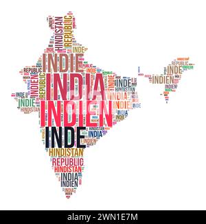India country shape word cloud. Typography style country illustration. India image in text cloud style. Vector illustration. Stock Vector