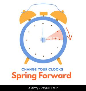 Spring Forward banner. Daylight saving time begins - alarm clock turn forward one hour. Banner reminder. Vector illustration on white background Stock Vector