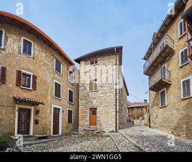 Panorama of the stone street and old houses in Bre village, Ticino, Switzerland Stock Photo