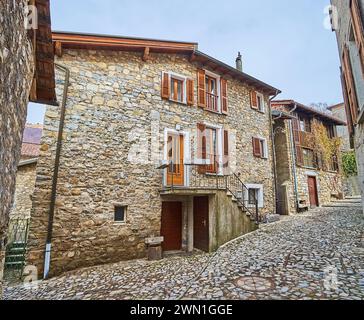 Old hilly narrow streets of Bre Village, Monte Bre, Ticino, Switzerland Stock Photo