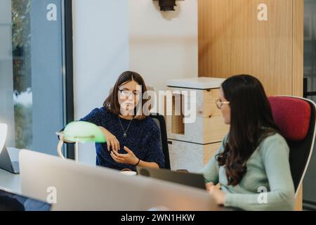 Two focused female professionals are collaborating in a modern office setting, discussing work-related matters over a computer. Stock Photo