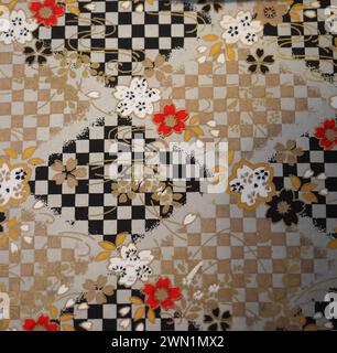 Traditional Japanese patterns with floral theme with black, gold and silver gyometric patterns Stock Photo