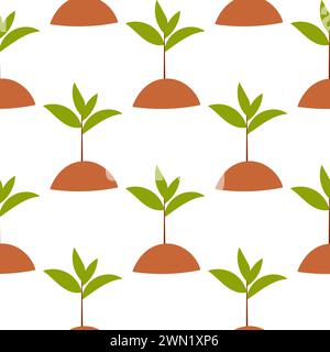 a Sprout grows from the ground. New green life. Eco-friendly. Garden care. Leaves and stem. Hand drawn vector illustration. pattern seamless backgroun Stock Vector