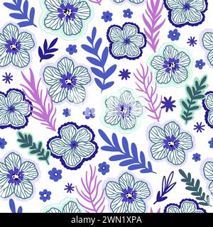 Seamless pattern with cute doodle floral elements. Hand drawn ornament with plants and flowers. Vector illustration. Stock Vector