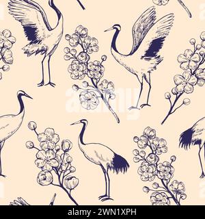 Seamless pattern with sakura blooming branches and dancing japanese cranes. Outline ink drawing. Vector illustration. Stock Vector