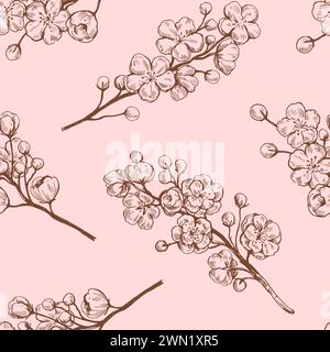 Sakura blooming branches. Black and white outline ink drawing. Vector illustration. Stock Vector