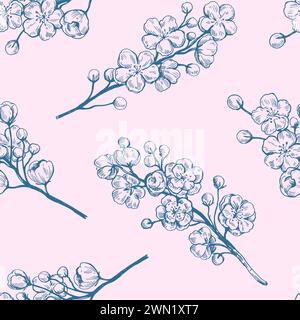 Sakura blooming branches. Black and white outline ink drawing. Vector illustration. Stock Vector