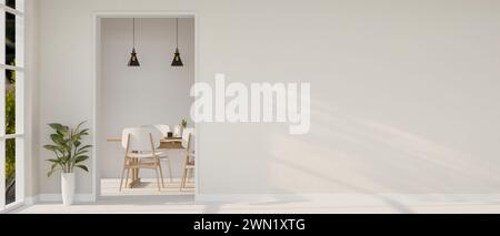 The interior design of a contemporary white home corridor through a dining room features a houseplant, a white wall and floor, and a window. 3d render Stock Photo