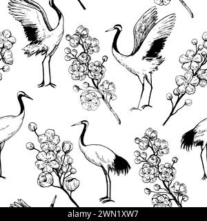 Seamless pattern with sakura blooming branches and dancing japanese cranes. Black and white outline ink drawing. Vector illustration. Stock Vector