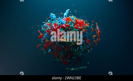 3d render, fluid liquid splash color on dark background Stock Photo