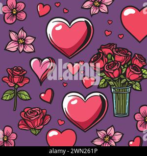 Elegant roses and playful hearts merge in this vector pattern, crafting a set full of love and floral beauty, versatile enough for both gift paper Stock Vector