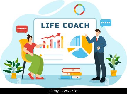 Life Coach Vector Illustration for Consultation, Education, Motivation, Mentoring Perspective and Self Coaching in Business Flat Cartoon Background Stock Vector