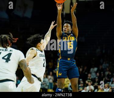 February 28, 2024:California Golden Bears guard Jalen Cone (15) shoots a three over Colorado Buffaloes guard KJ Simpson (2) in the men's basketball game between Colorado and Cal at the Coors Events center in Boulder, CO. Derek Regensburger/CSM. (Credit Image: © Derek Regensburger/Cal Sport Media) Stock Photo