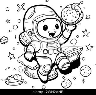 Cartoon astronaut with a bowl of food. Vector illustration for coloring book. Stock Vector