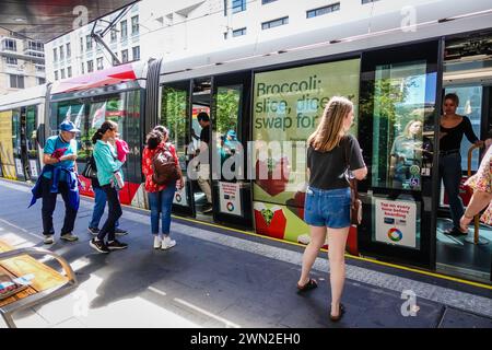 Commuters boarding the Sydney Light Rail train on George Street in Sydney, Australia, as they embark on their journey through the city's bustling stre Stock Photo