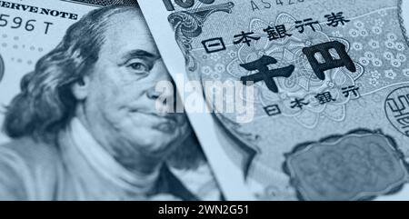 Japanese Yen and US dollar bank note, currency exchange rate Stock Photo
