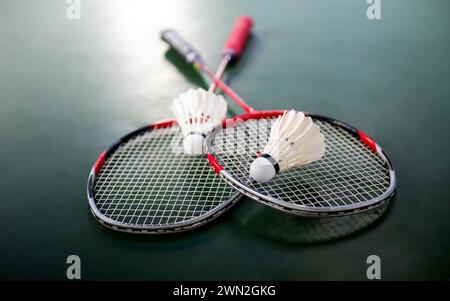 Two shuttlecocks and badminton racket on court floor Stock Photo