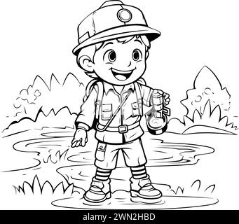 Coloring Page Outline Of cartoon explorer boy with map and magnifier ...