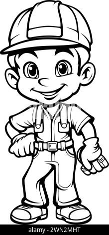 Cute Little Boy Construction Worker Cartoon Mascot Character Vector Illustration Stock Vector