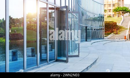 Glass door of modern office building Stock Photo