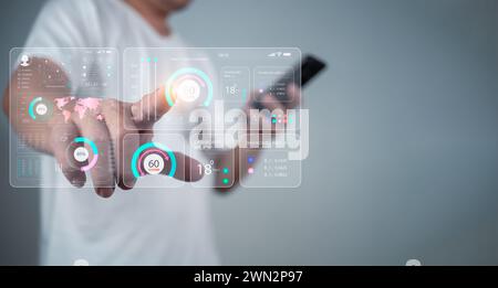 Human pointing fingers to use smart applications, Smart home concept, Smart home Automation Control System, Smart home dashboard interface control con Stock Photo
