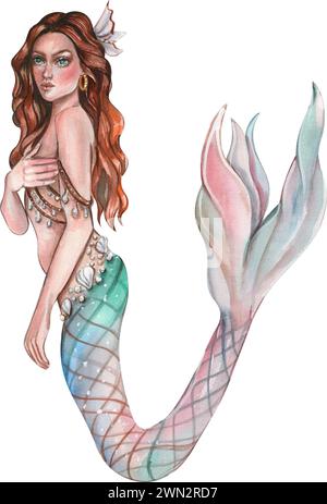 Watercolor mermaid girl. Watercolor hand drawn illustration. Perfect for children artworks, wallpapers, posters, greeting cards, prints . Stock Photo