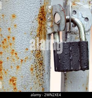 Small closed padlock hanging on the hinges Stock Photo
