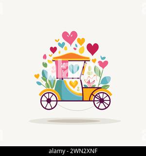 Cartoon carriage with flowers and hearts. Vector illustration in flat style Stock Vector
